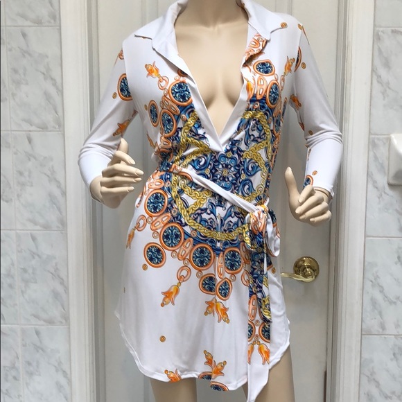 V PLUNGE WHITE PRINT DRESS & BELTED TIE AT WAIST - Picture 8 of 8